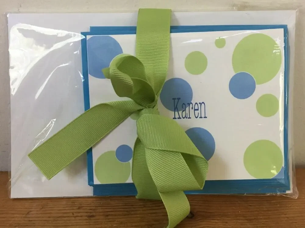 PJ Greetings Karen Name Green Blue Polka Dots Blank Cards Envelopes Set #karen